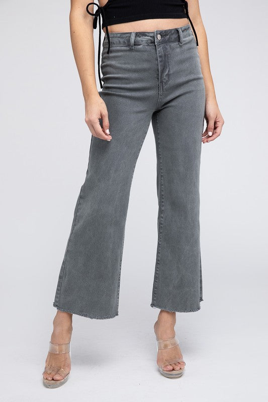 Acid Wash Frayed Cutoff Hem Straight Wide Pants - Exotica Luxe Boutique