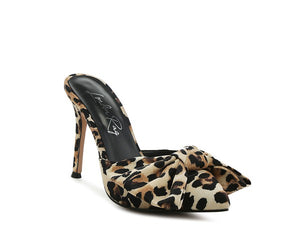 Joelle High Heel Bow Tie Leopard Print Mules - Exotica Luxe Boutique