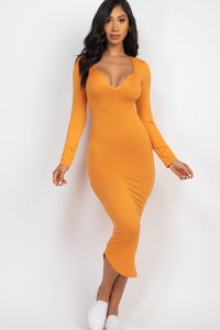 Split Neck Long Sleeve Midi Dress - Exotica Luxe Boutique