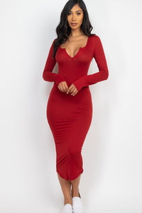 Split Neck Long Sleeve Midi Dress - Exotica Luxe Boutique