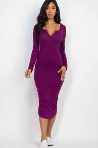 Split Neck Long Sleeve Midi Dress - Exotica Luxe Boutique