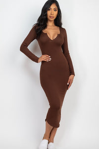 Split Neck Long Sleeve Midi Dress - Exotica Luxe Boutique