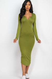 Split Neck Long Sleeve Midi Dress - Exotica Luxe Boutique