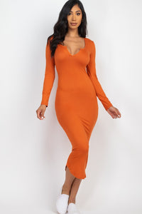 Split Neck Long Sleeve Midi Dress - Exotica Luxe Boutique