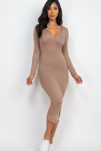 Split Neck Long Sleeve Midi Dress - Exotica Luxe Boutique