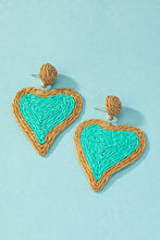 Load image into Gallery viewer, Raffia straw two tone heart drop earrings - Exotica Luxe Boutique