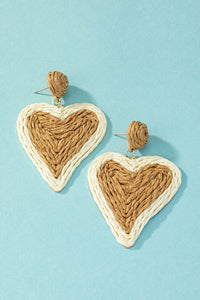 Raffia straw two tone heart drop earrings - Exotica Luxe Boutique