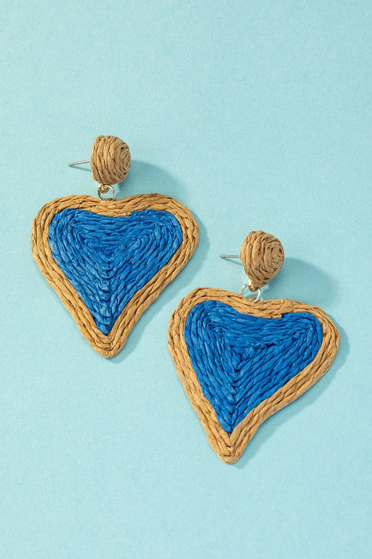 Raffia straw two tone heart drop earrings - Exotica Luxe Boutique