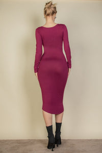 Split Neck Long Sleeve Midi Dress - Exotica Luxe Boutique