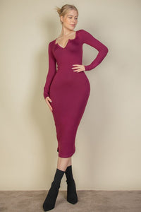 Split Neck Long Sleeve Midi Dress - Exotica Luxe Boutique