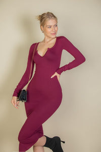 Split Neck Long Sleeve Midi Dress - Exotica Luxe Boutique