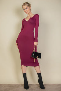 Split Neck Long Sleeve Midi Dress - Exotica Luxe Boutique