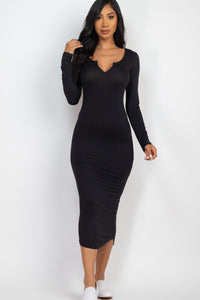 Split Neck Long Sleeve Midi Dress - Exotica Luxe Boutique