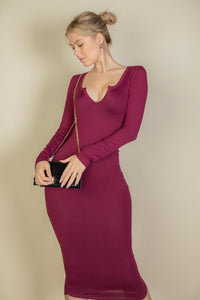 Split Neck Long Sleeve Midi Dress - Exotica Luxe Boutique