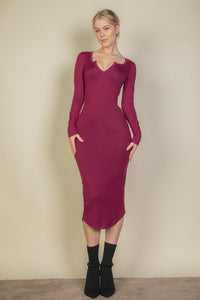 Split Neck Long Sleeve Midi Dress - Exotica Luxe Boutique