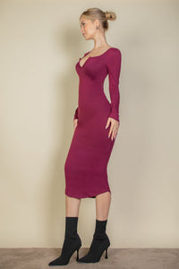 Split Neck Long Sleeve Midi Dress - Exotica Luxe Boutique