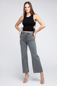 Acid Wash Frayed Cutoff Hem Straight Wide Pants - Exotica Luxe Boutique