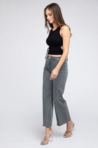 Acid Wash Frayed Cutoff Hem Straight Wide Pants - Exotica Luxe Boutique