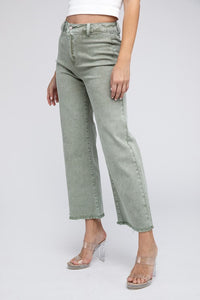 Acid Wash Frayed Cutoff Hem Straight Wide Pants - Exotica Luxe Boutique